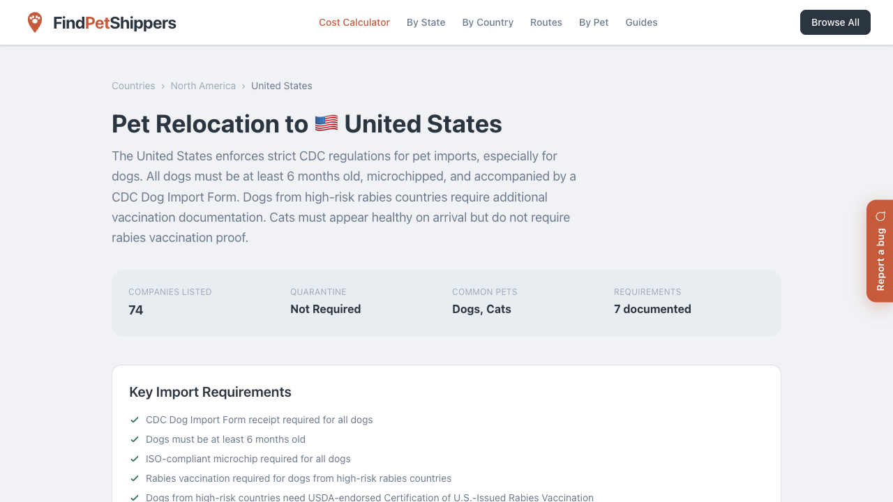 FindPetShippers показывает требования к перевозке питомцев