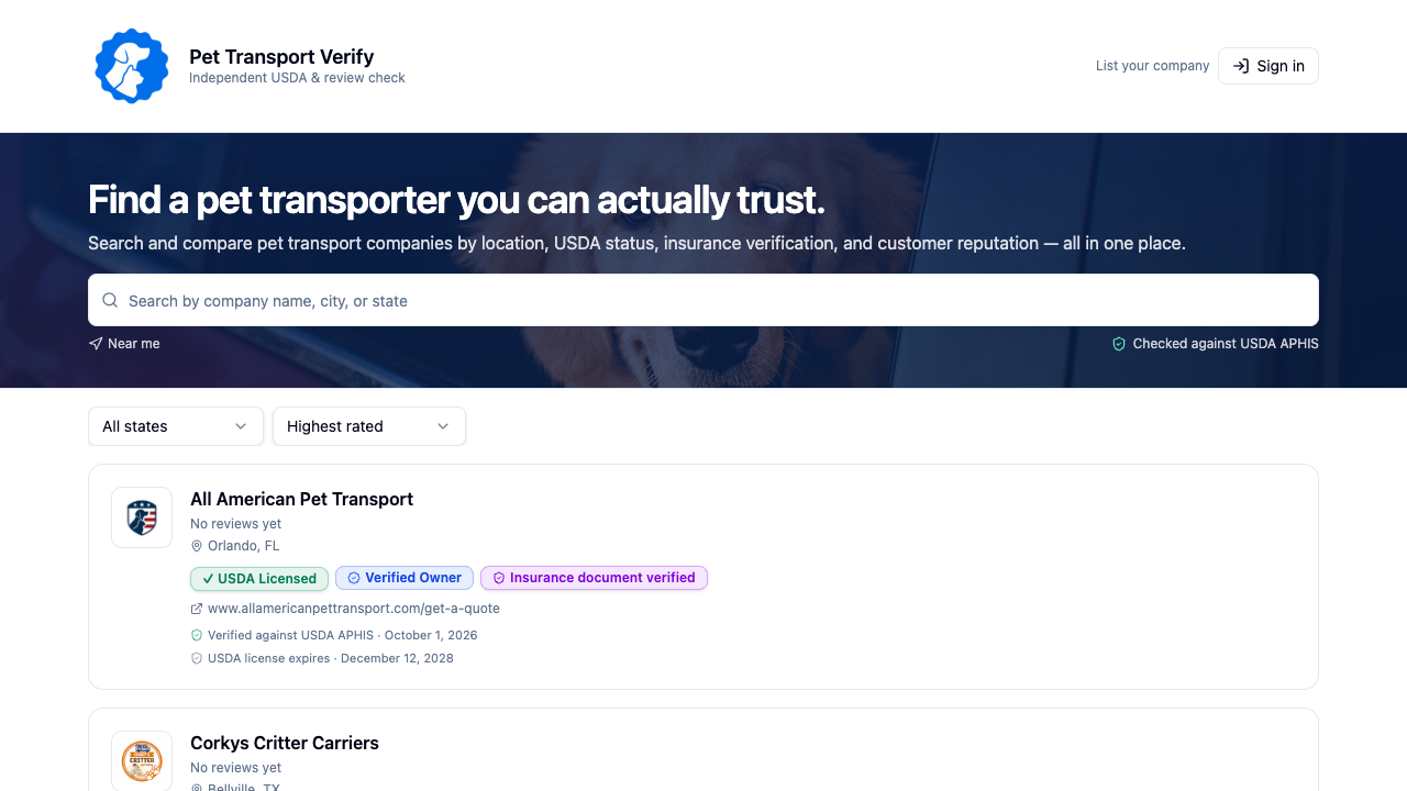 Pet Transport Verify показывает статусы USDA и страхования